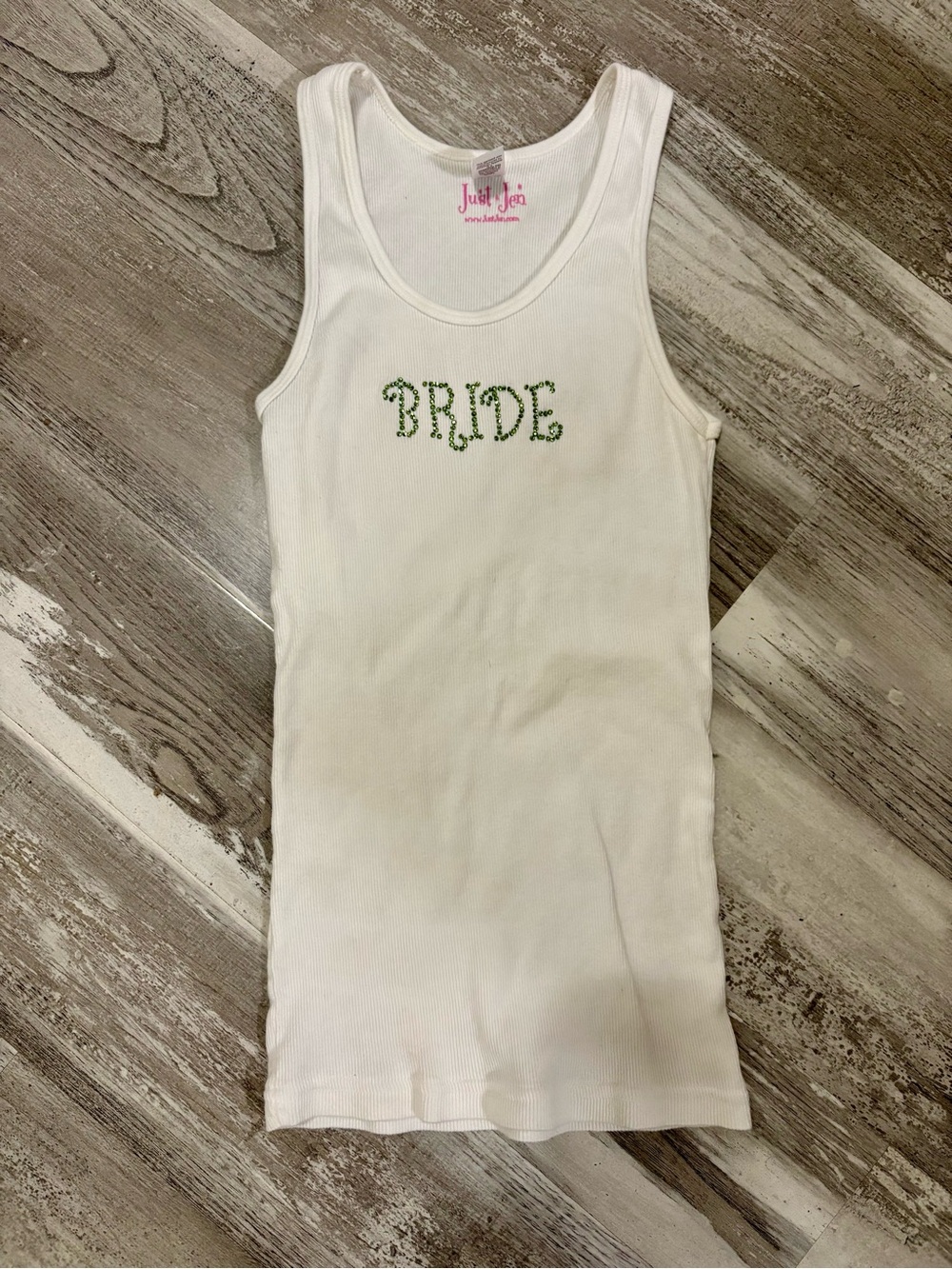 Just Jen White Tank Top with Green 'BRIDE' Rhinestones